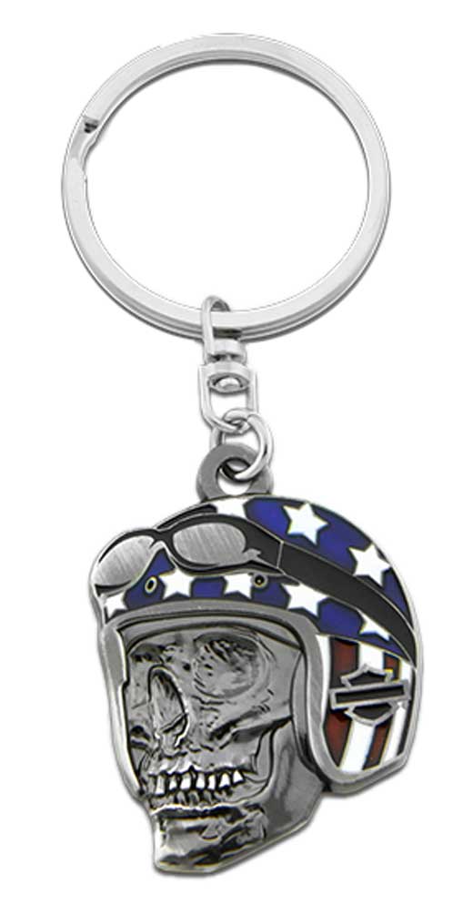 Harley-Davidson Biker Skull Flag Key Chain, 1.5 inch - Antique Silver Finish - Wisconsin Harley-Davidson