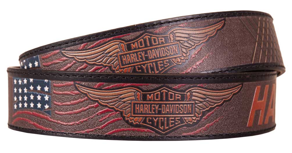 Harley-Davidson Men's Free Rein American Flag Leather Belt - Brown (32),  Harley Davidson 