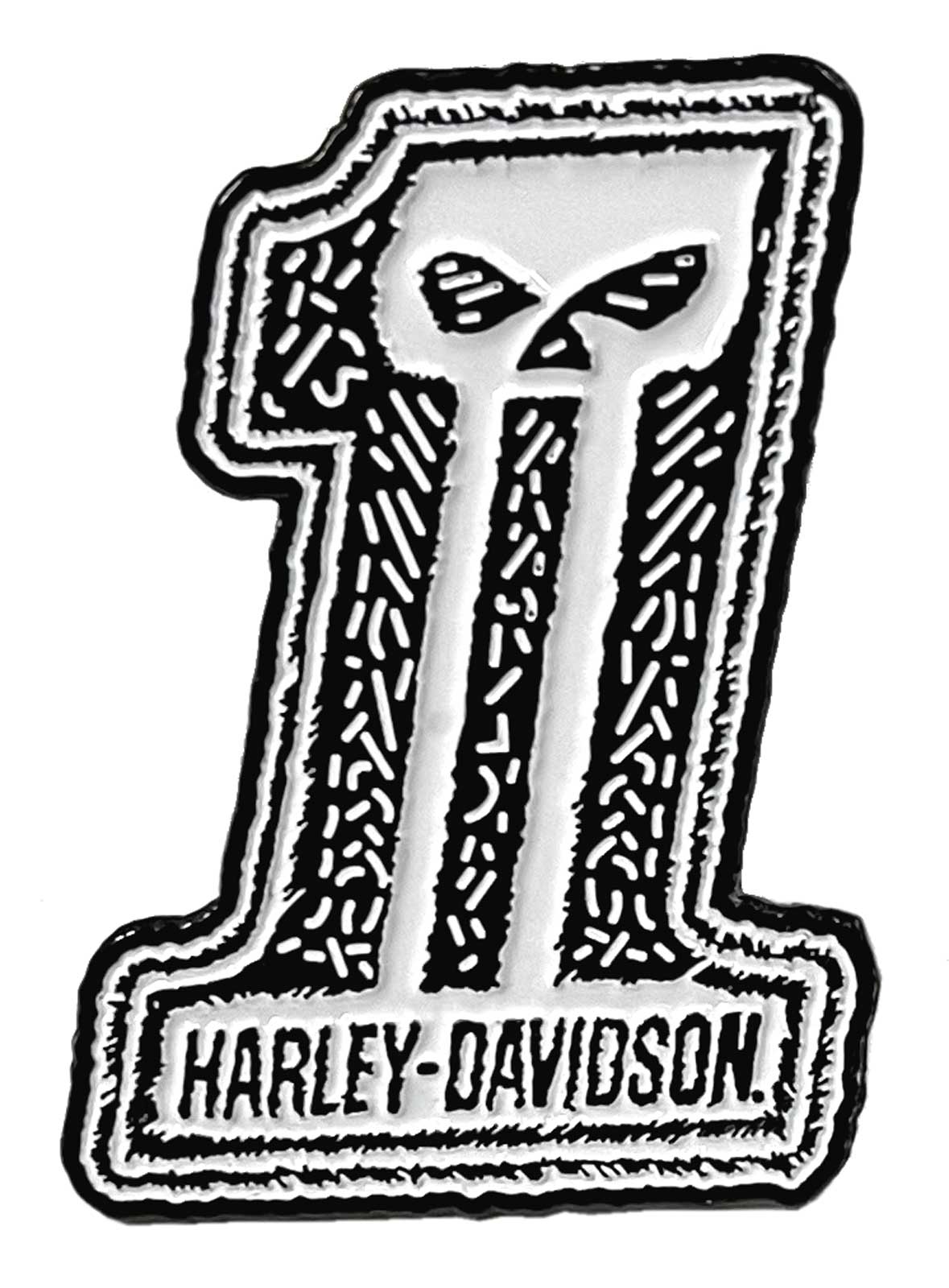 Harley-Davidson 1.25 in. Distressed Dark Custom #1 Skull Metal Pin, White Finish - Wisconsin Harley-Davidson