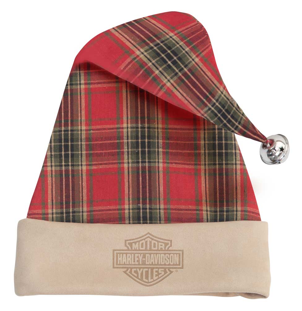 Harley-Davidson Holiday Santa Hat w/ Bell - Plaid & Cream Faux Suede HDX-99189 - Wisconsin Harley-Davidson
