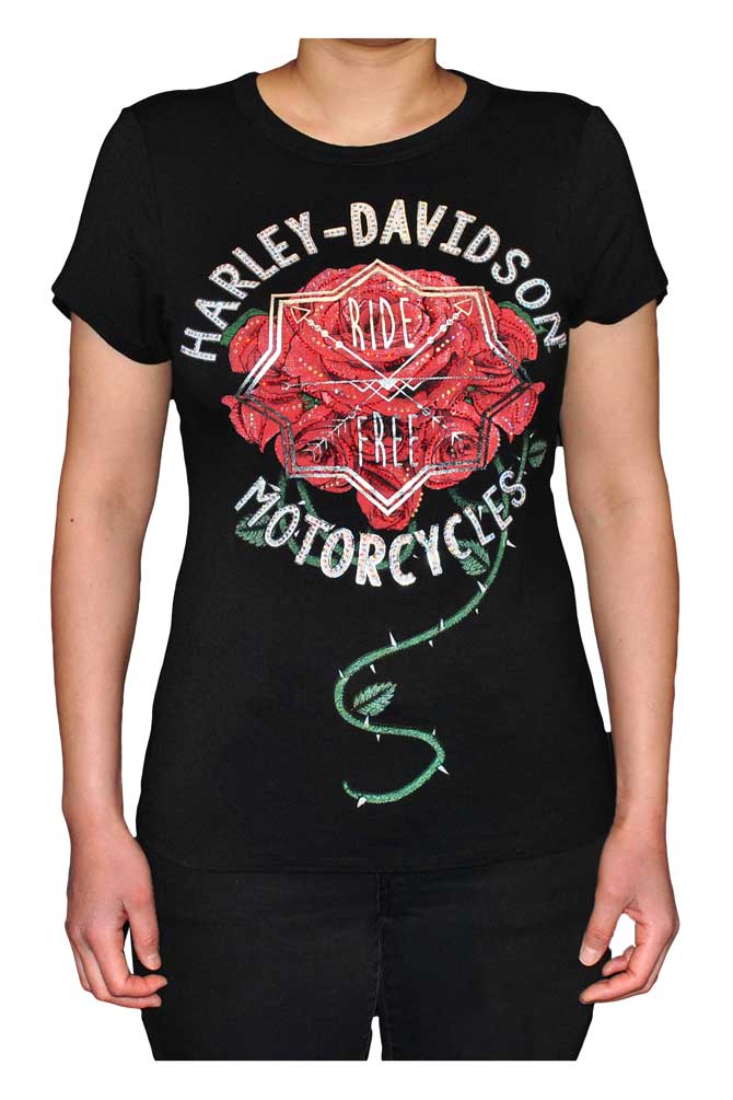 Harley-Davidson® Women's Embellished Roses Scoop Neck Short Sleeve