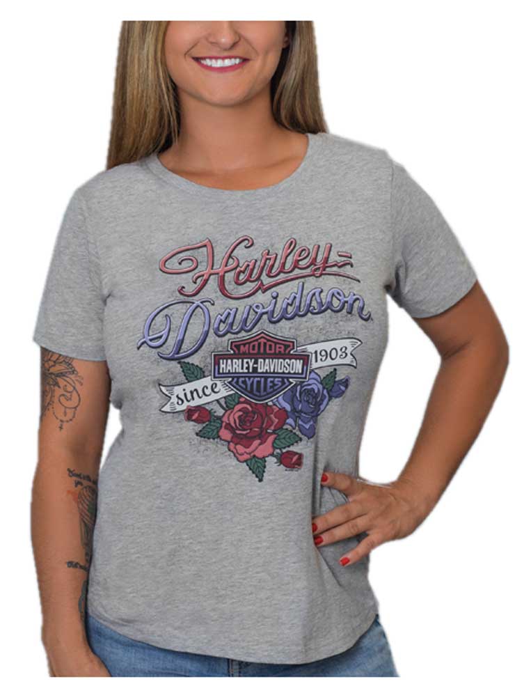 Harley-Davidson Women's Shield & Roses Short Sleeve Scoop Neck Tee, Heather Gray - Wisconsin Harley-Davidson