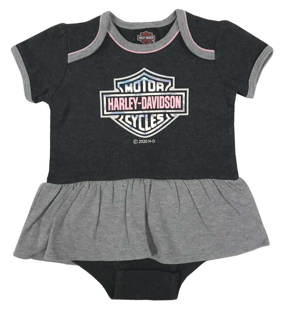 Harley-Davidson Baby Girls' Holographic Foil Knit Peplum Creeper - Gray & Pink - Wisconsin Harley-Davidson