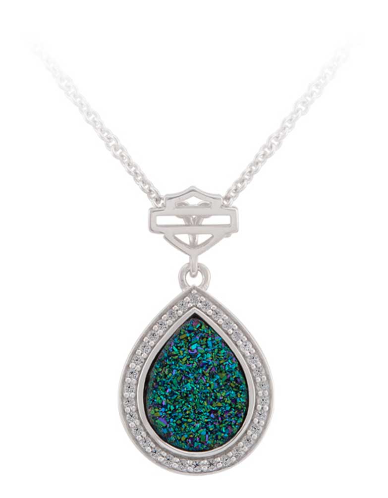 Harley-Davidson Women's Teardrop Green Druzy Pendent Necklace, Sterling Silver - Wisconsin Harley-Davidson