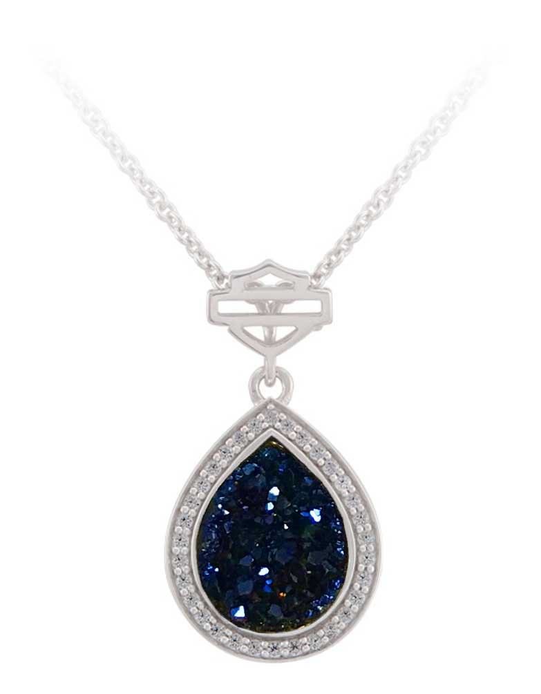 Harley-Davidson Women's Teardrop Blue Druzy Pendent Necklace, Sterling Silver - Wisconsin Harley-Davidson