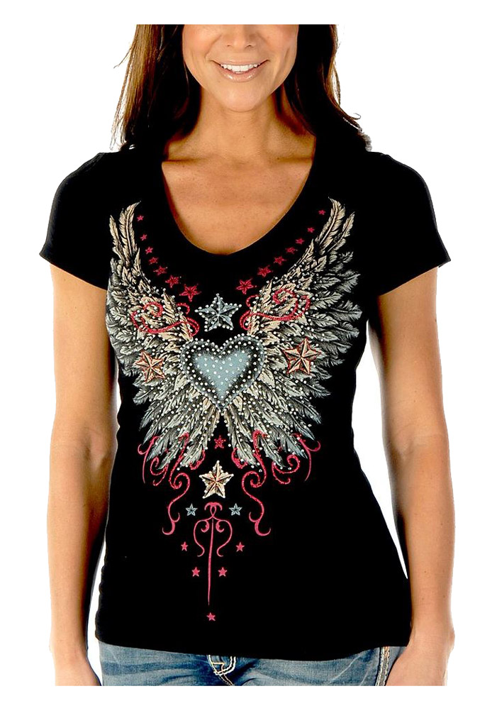 Liberty Wear Women's Vintage Wings & Stars Embellished Short Sleeve Tee - Black - Wisconsin Harley-Davidson