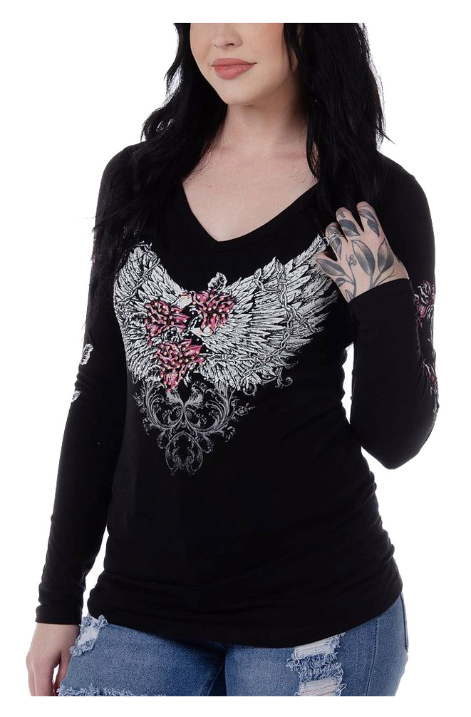 Liberty Wear Women's Embellished Barbed Wire & Roses Long Sleeve Top - Black - Wisconsin Harley-Davidson
