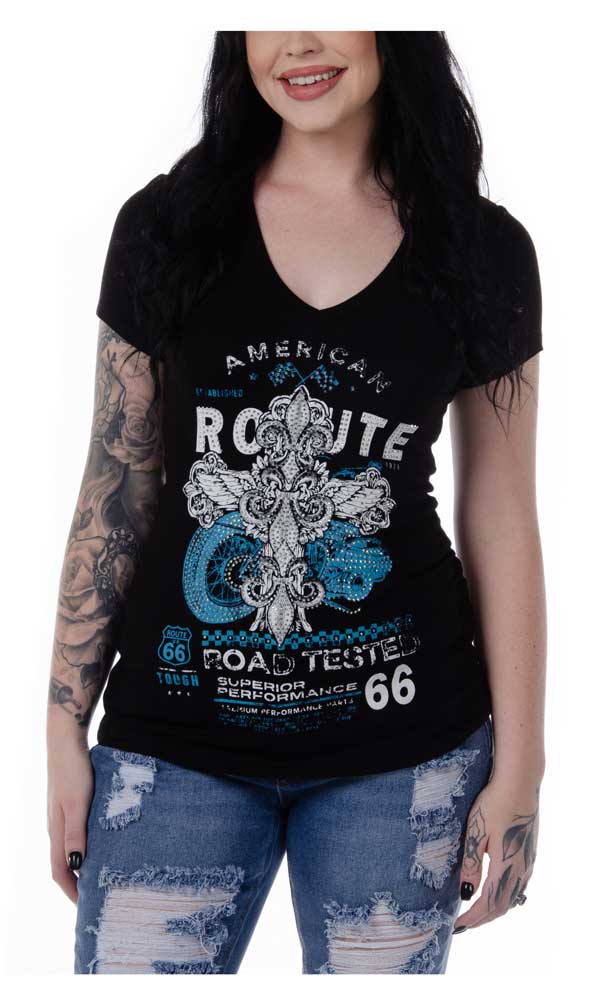 Liberty Wear Women's Road Tested Route 66 Embellished Short Sleeve Tee - Black - Wisconsin Harley-Davidson