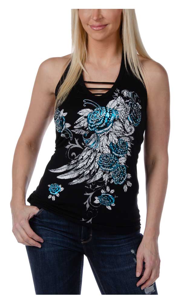 Liberty Wear Women's Embellished Blossomed Roses Elegance Halter Top - Black - Wisconsin Harley-Davidson