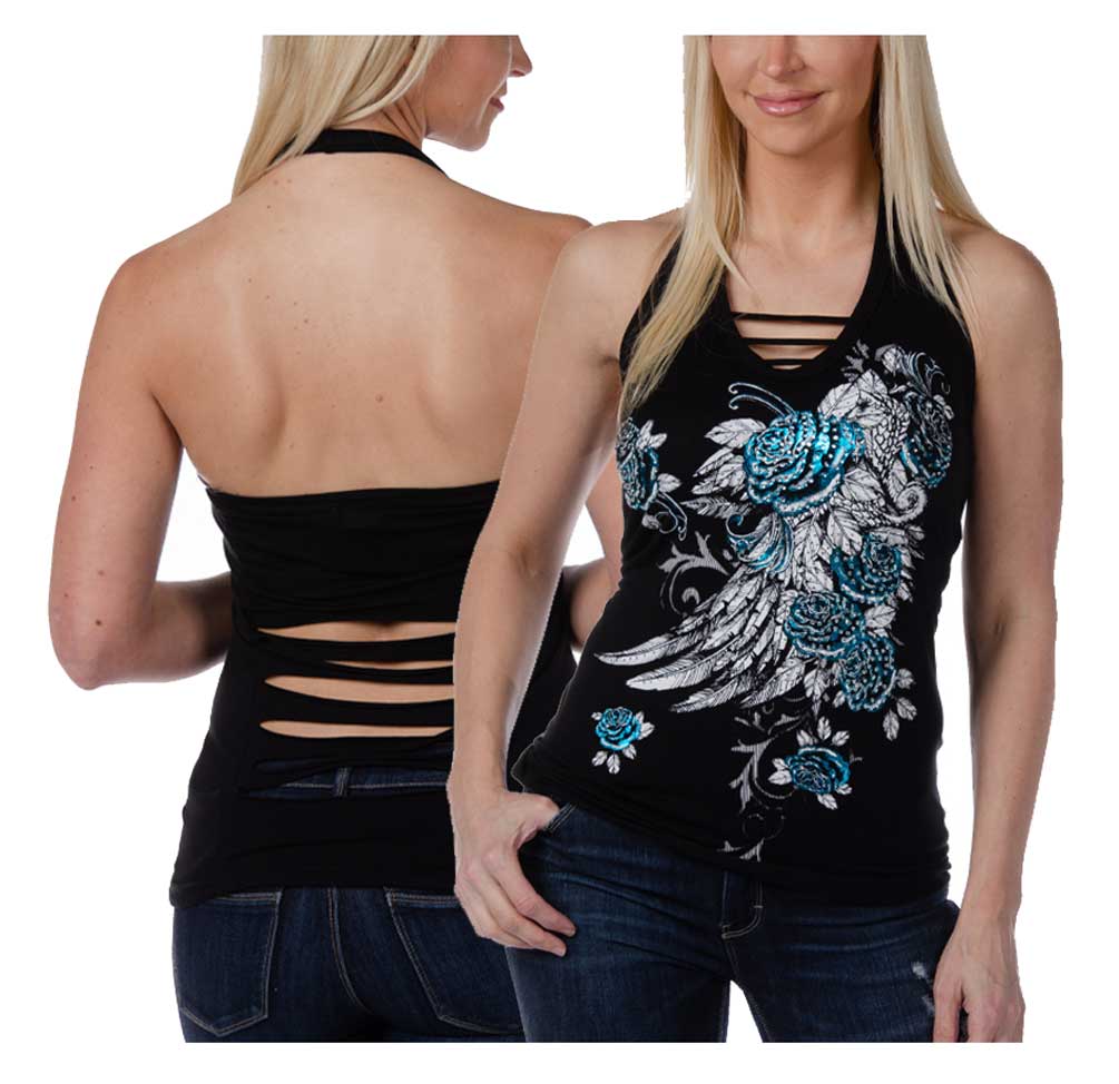 Liberty Wear Women's Embellished Blossomed Roses Elegance Halter Top - Black - No Hassle Returns at Wisconsin Harley