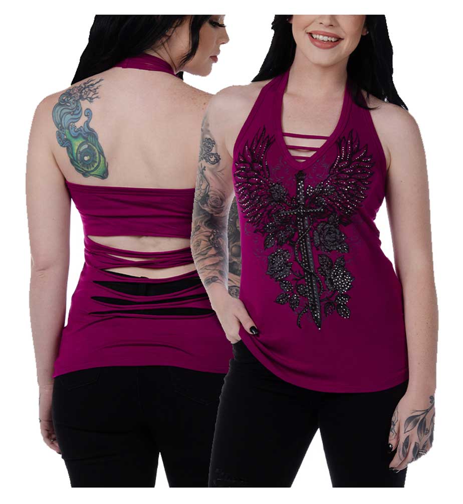 Liberty Wear Women's Embellished Vengeance Dagger Halter Top - Magenta Pink - No Hassle Returns at Wisconsin Harley