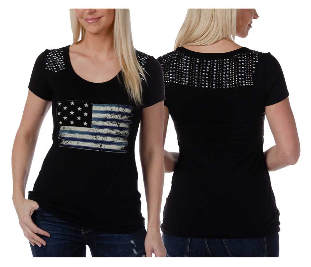 Liberty Wear Women's Liberty Flag Scoop Neck Casual Short Sleeve Tee - Black - No Hassle Returns at Wisconsin Harley