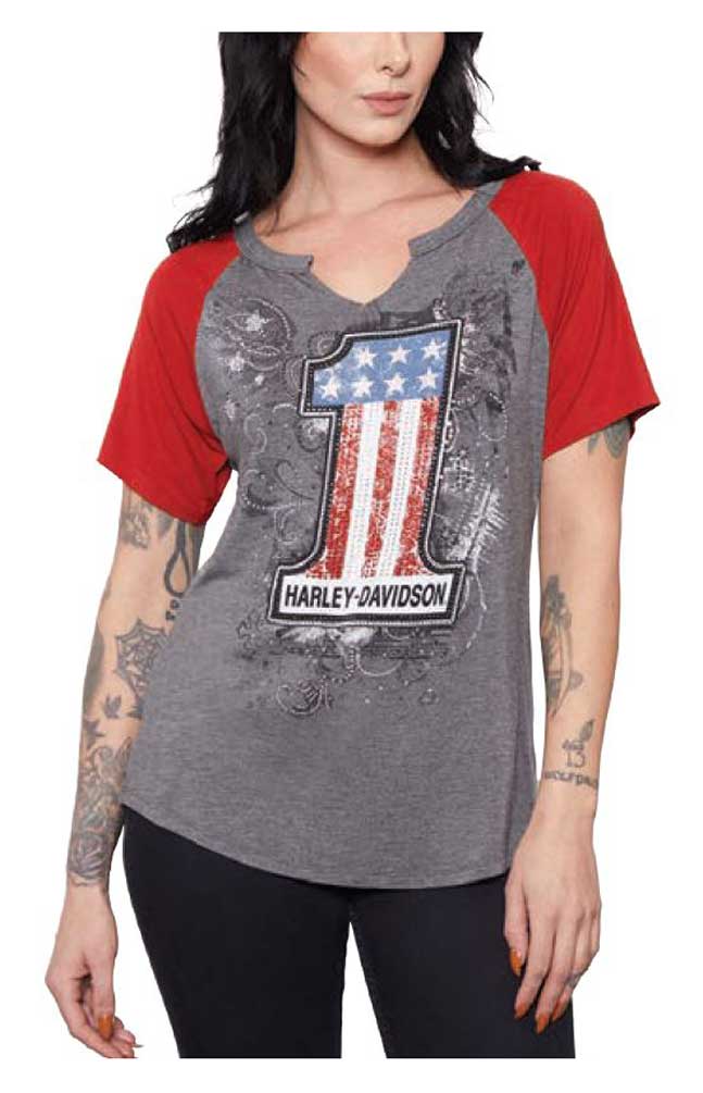 Harley-Davidson Women's #1 Embellished Short Sleeve Raglan T-Shirt, Gray & Red - Wisconsin Harley-Davidson