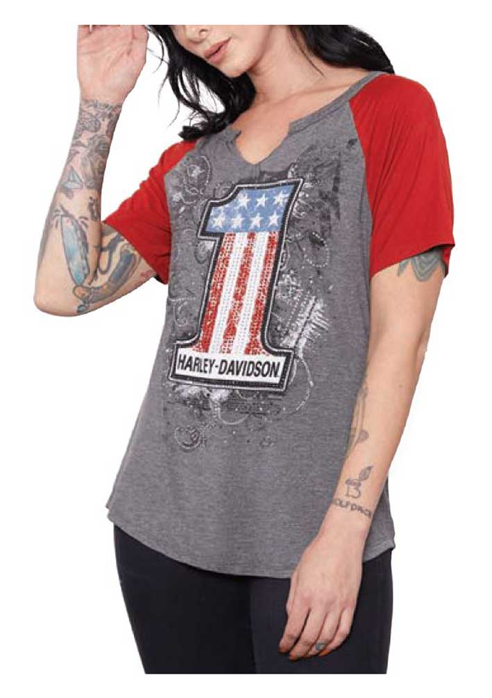 Harley-Davidson Free Shipping - Harley-Davidson Women's #1 Embellished Short Sleeve Raglan T-Shirt, Gray & Red - Free Shipping on many products plus Orders Over $99