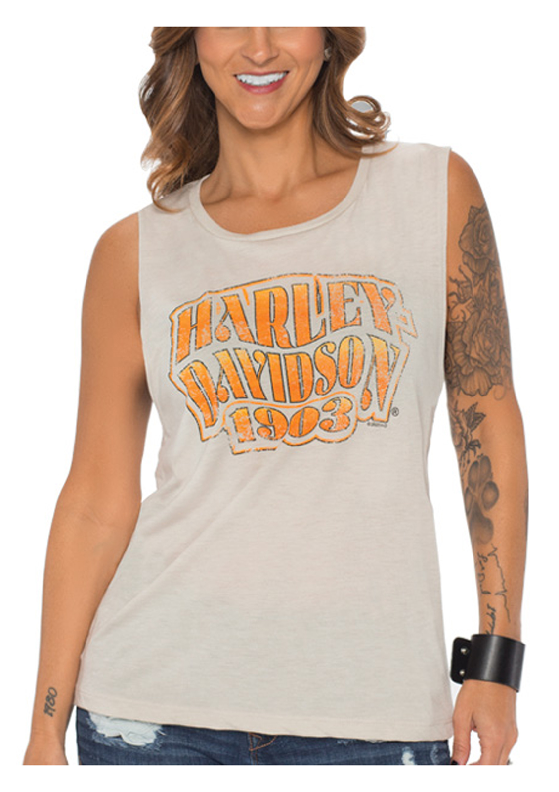 Harley-Davidson Women's Shield Retro Poly-Blend Muscle Tank Top - Heather Dust - Wisconsin Harley-Davidson