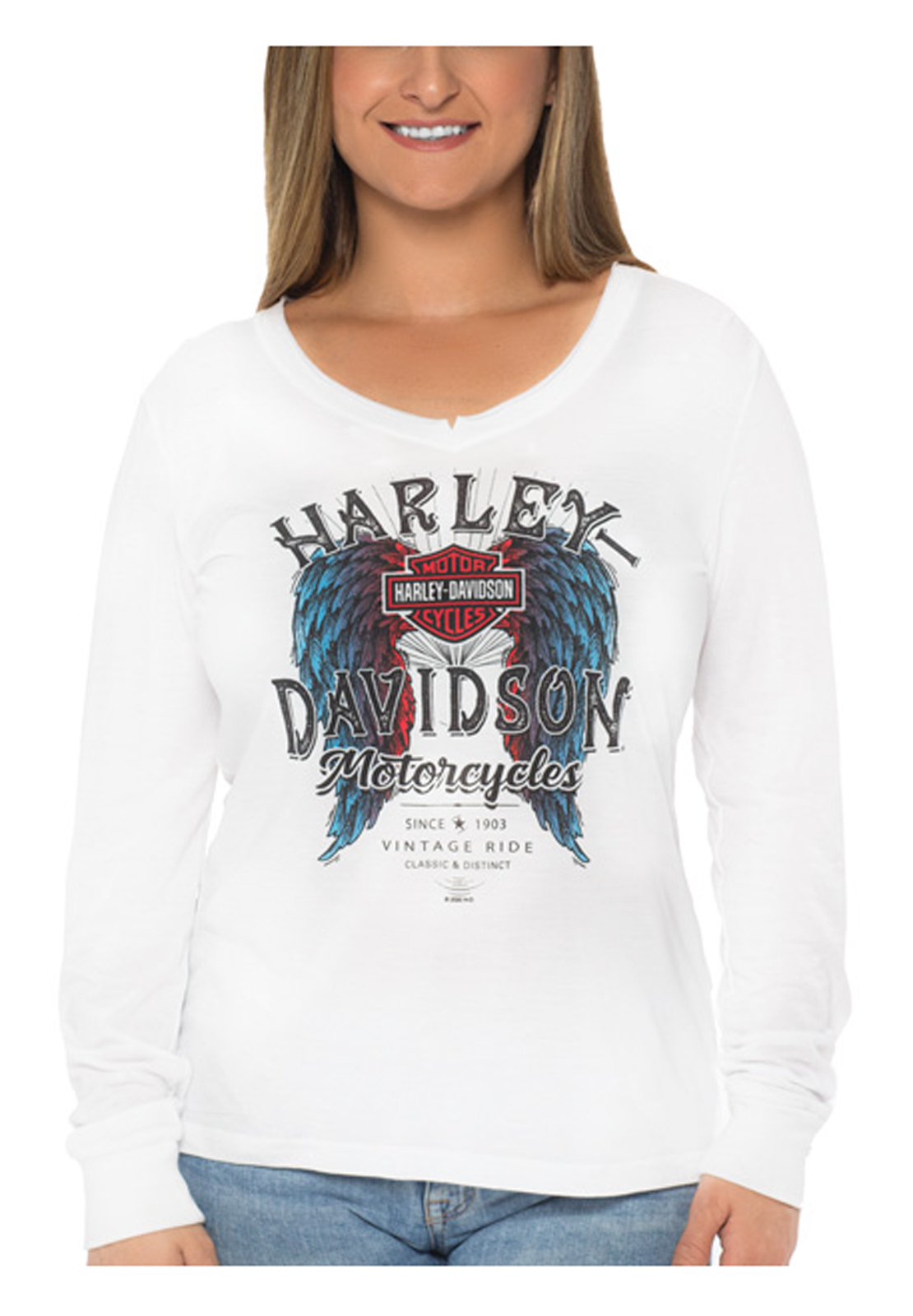 Harley-Davidson Women's Americana Long Sleeve V-Neck Poly-Blend Shirt, White - Wisconsin Harley-Davidson