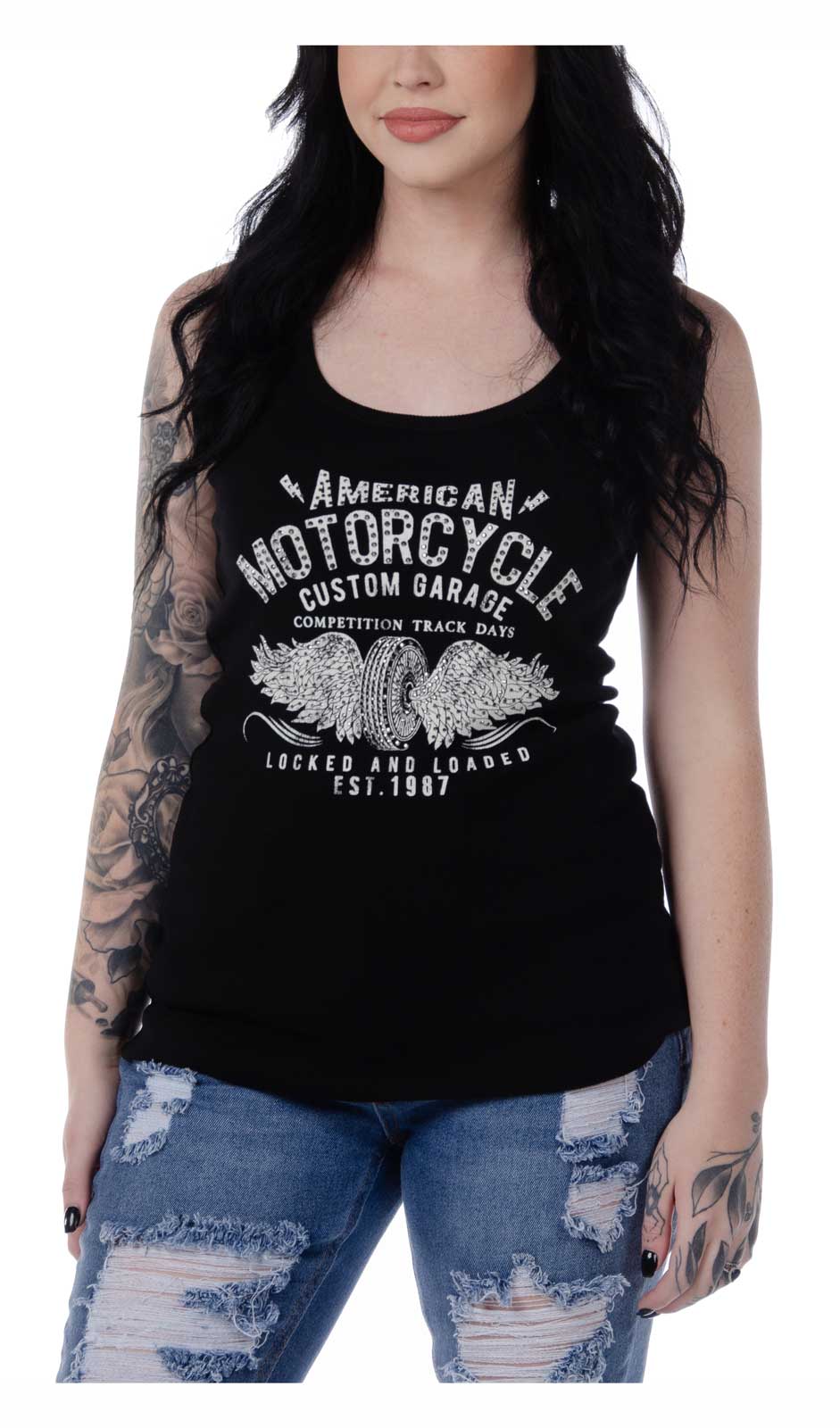 Liberty Wear Women's Road King Rhinestones Ribbed Sleeveless Tank Top - Black - Wisconsin Harley-Davidson