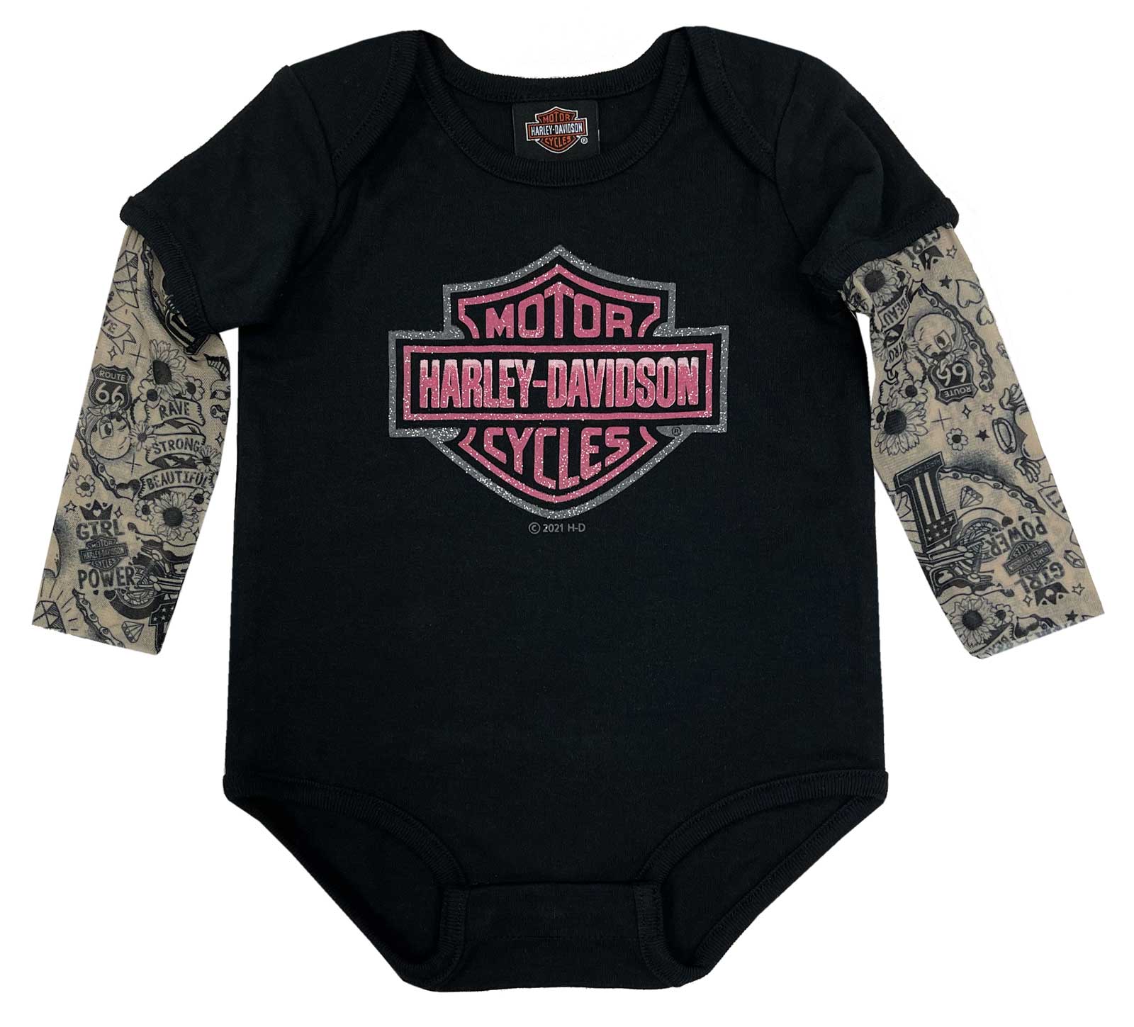 Harley-Davidson Baby Girls' Glitter B&S Mesh Tattoo Long Sleeve Creeper - Black - Wisconsin Harley-Davidson