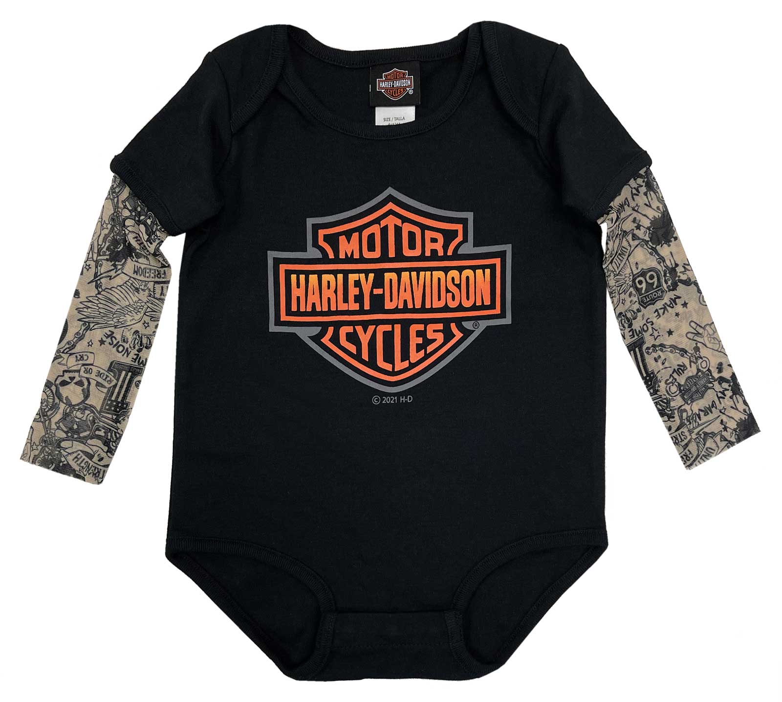 Harley-Davidson Baby Boys' Bar & Shield Mesh Tattoo Long Sleeve Creeper - Black - Wisconsin Harley-Davidson