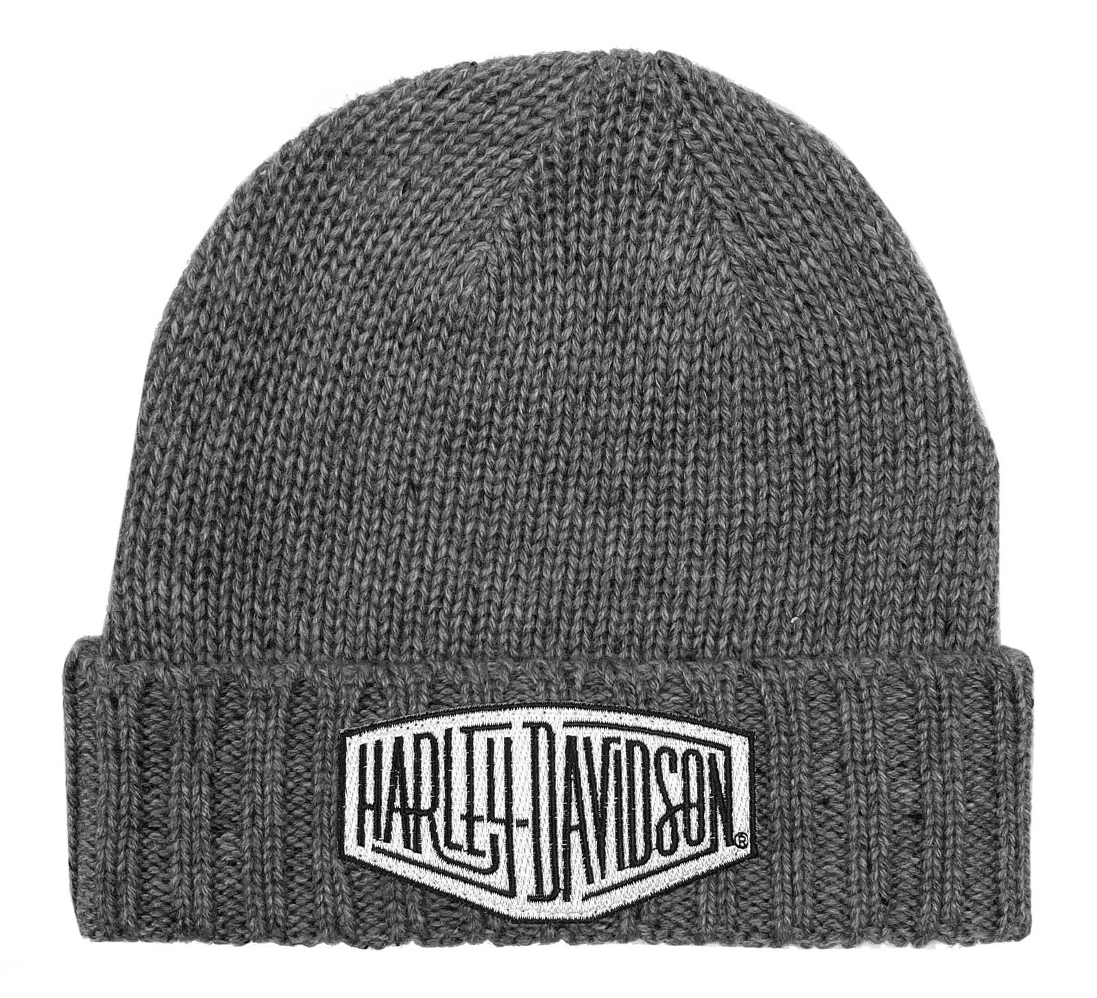 Harley-Davidson Mens Concrete Lightning Patch Heavy Ribbed Cuff Beanie Hat, Gray - Wisconsin Harley-Davidson