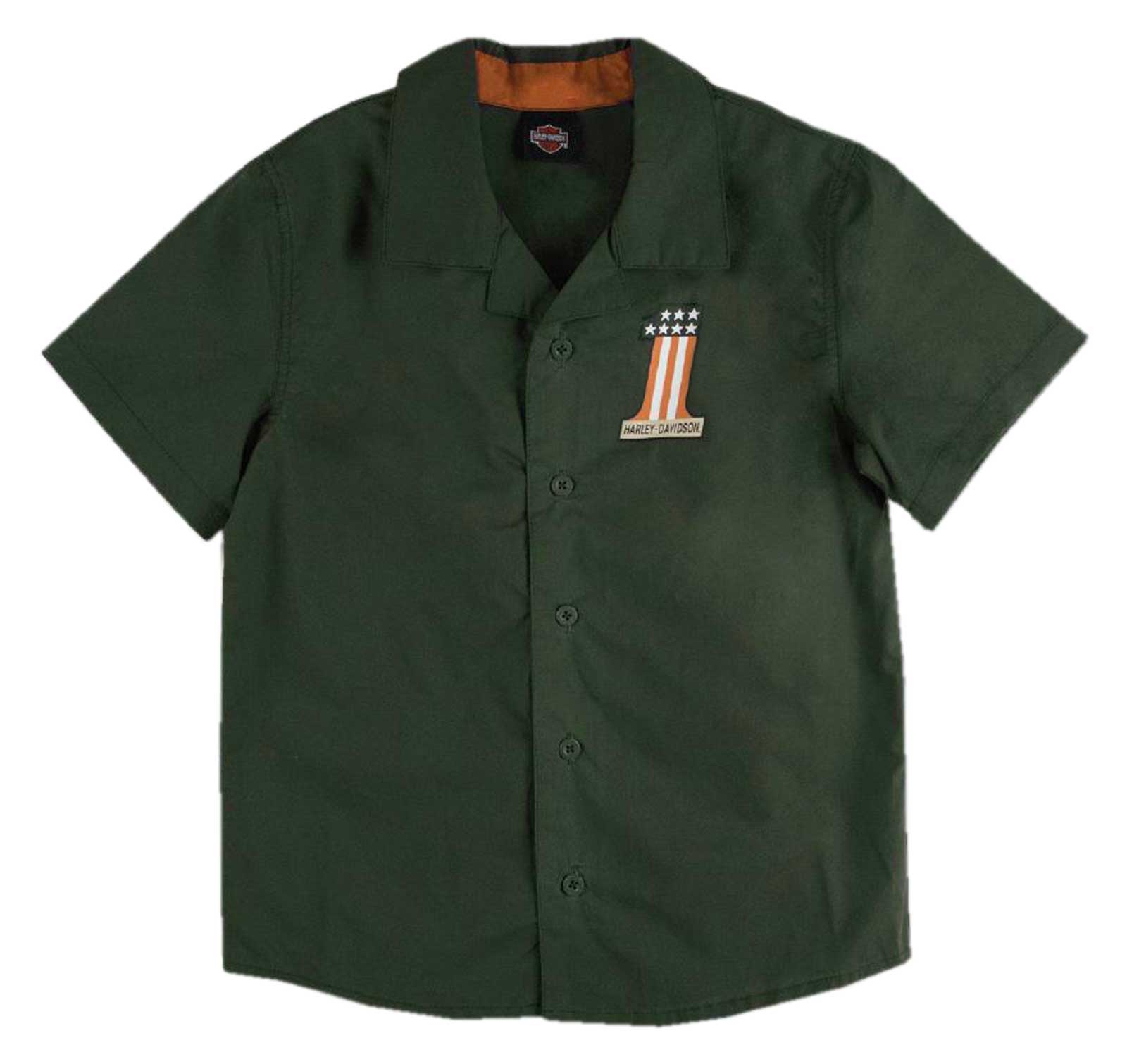 Harley-Davidson Big Boys' #1 RWB Short Sleeve Button Shop Shirt - Green - Wisconsin Harley-Davidson