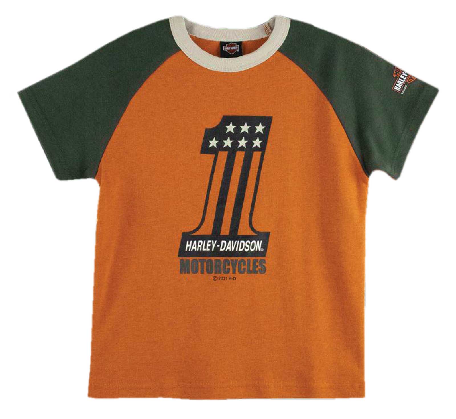 Harley-Davidson Little Boys' #1 Logo Short Sleeve Raglan Knit Tee - Orange/Green - Wisconsin Harley-Davidson