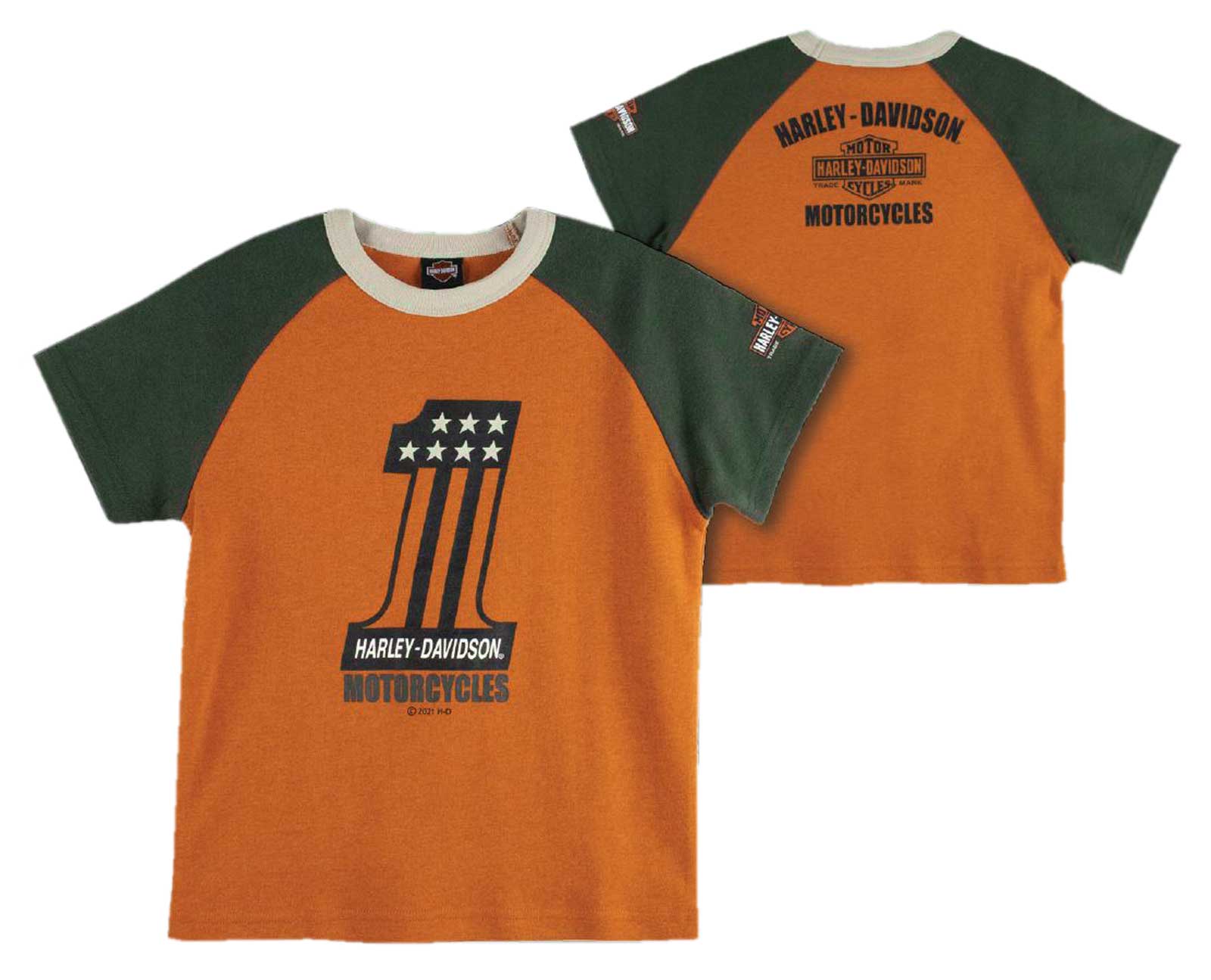 Harley-Davidson Free Shipping - Harley-Davidson Little Boys' #1 Logo Short Sleeve Raglan Knit Tee - Orange/Green - Free Shipping on many products plus Orders Over $99