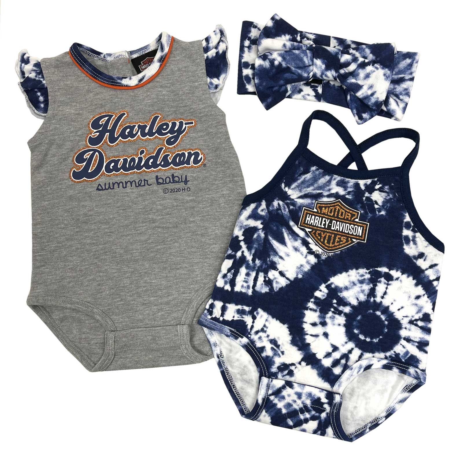 Harley-Davidson Baby Girls' Tie-Dye 2-Pack Newborn Creeper Set w/ Headband - Wisconsin Harley-Davidson