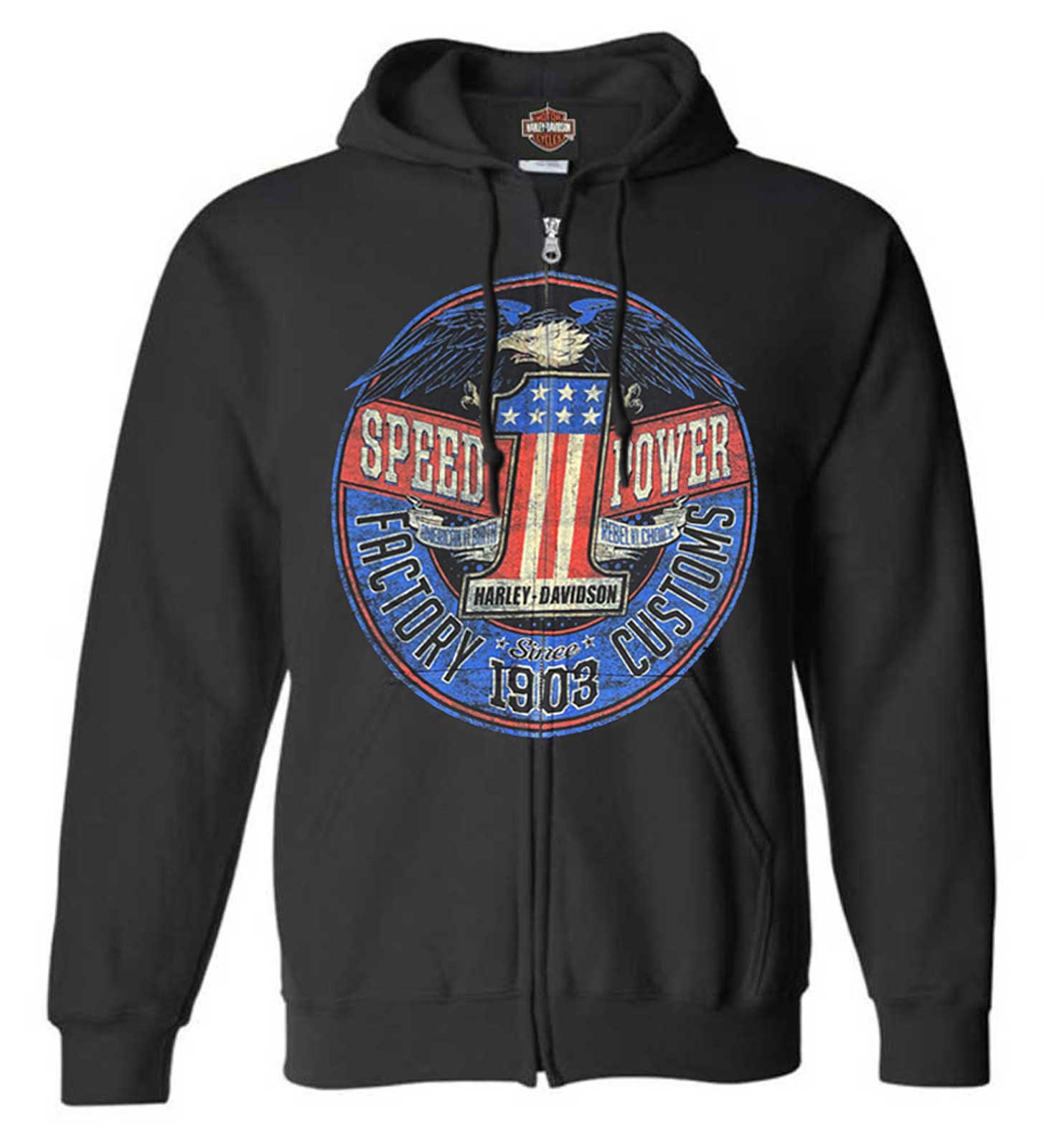 Harley-Davidson Men's Rebel #1 RWB Logo Zip-Up Cotton-Blend Hoodie - Black - Wisconsin Harley-Davidson