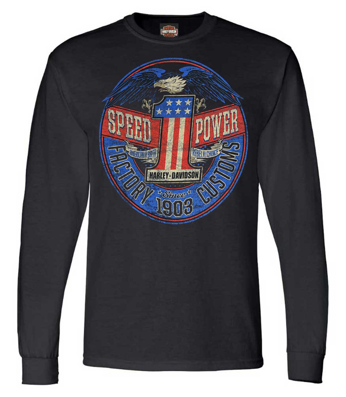 Harley-Davidson Men's Rebel #1 RWB Logo Long Sleeve Crew-Neck Shirt - Black - Wisconsin Harley-Davidson