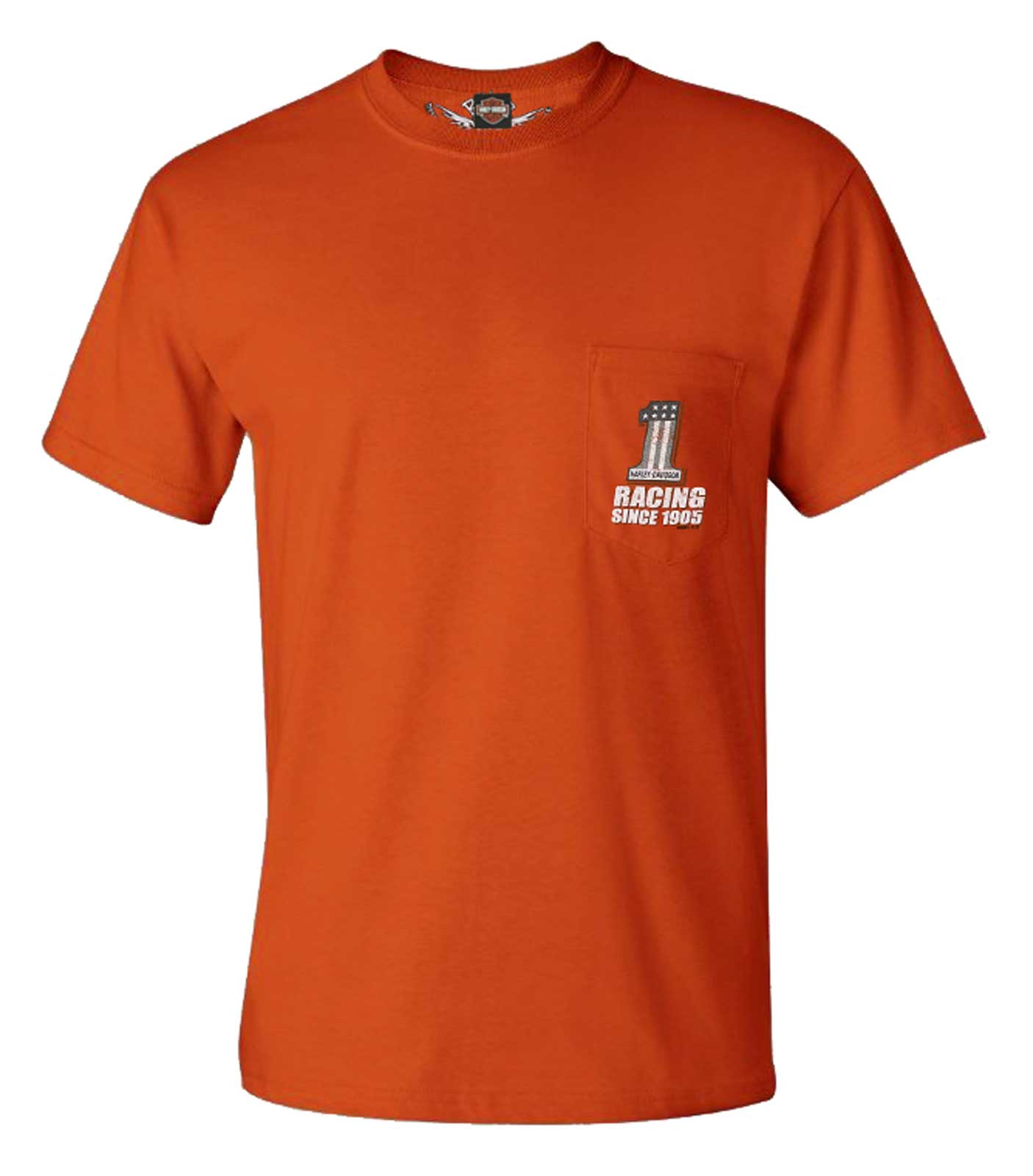 Harley-Davidson Men's #1 Logo Racing Chest Pocket Crew-Neck T-Shirt, Orange - Wisconsin Harley-Davidson