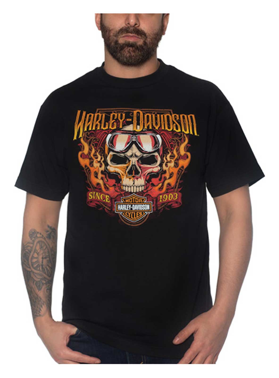 Harley-Davidson Men's Goggle Skull Crew-Neck Short Sleeve T-Shirt - Black - Wisconsin Harley-Davidson