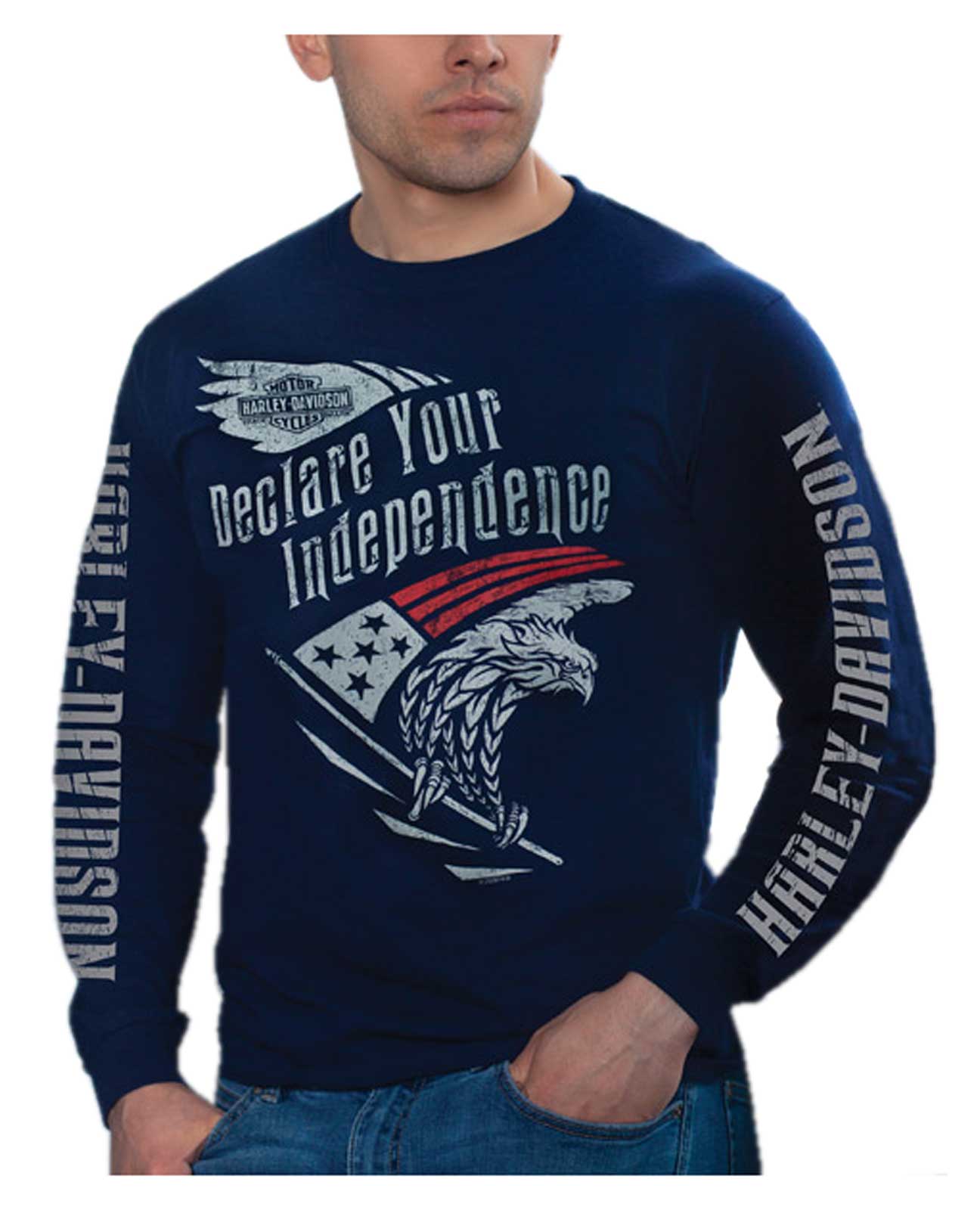 Harley-Davidson Men's Independence Long Sleeve Crew-Neck Cotton Shirt - Navy - Wisconsin Harley-Davidson
