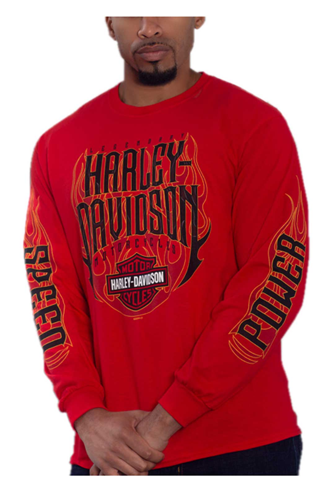 Harley-Davidson Men's Hot Ride Flames Long Sleeve Crew-Neck Cotton Shirt, Red - Wisconsin Harley-Davidson