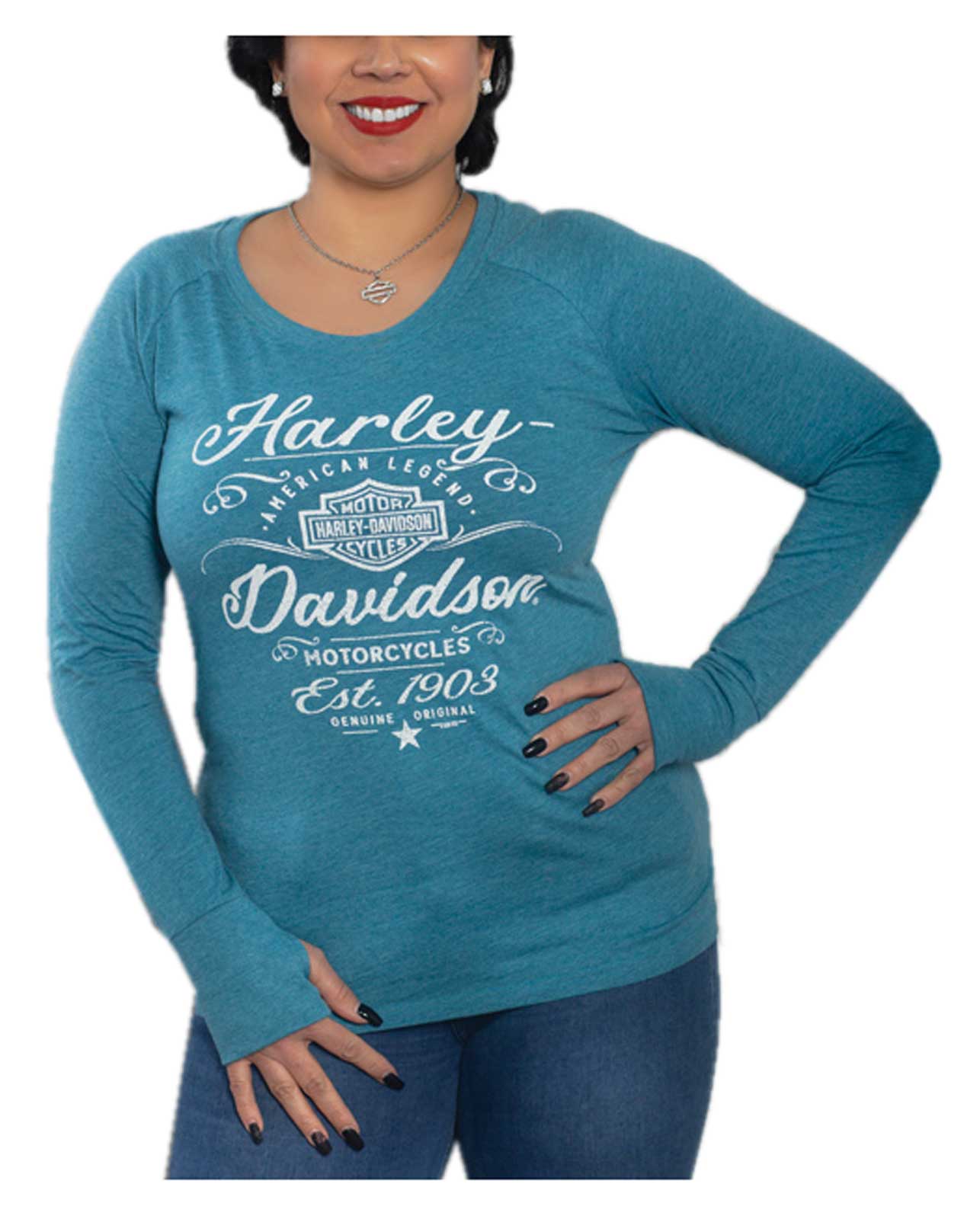 Harley-Davidson Women's Amorous Long Sleeve Poly-Blend Raglan Shirt, Blue - Wisconsin Harley-Davidson