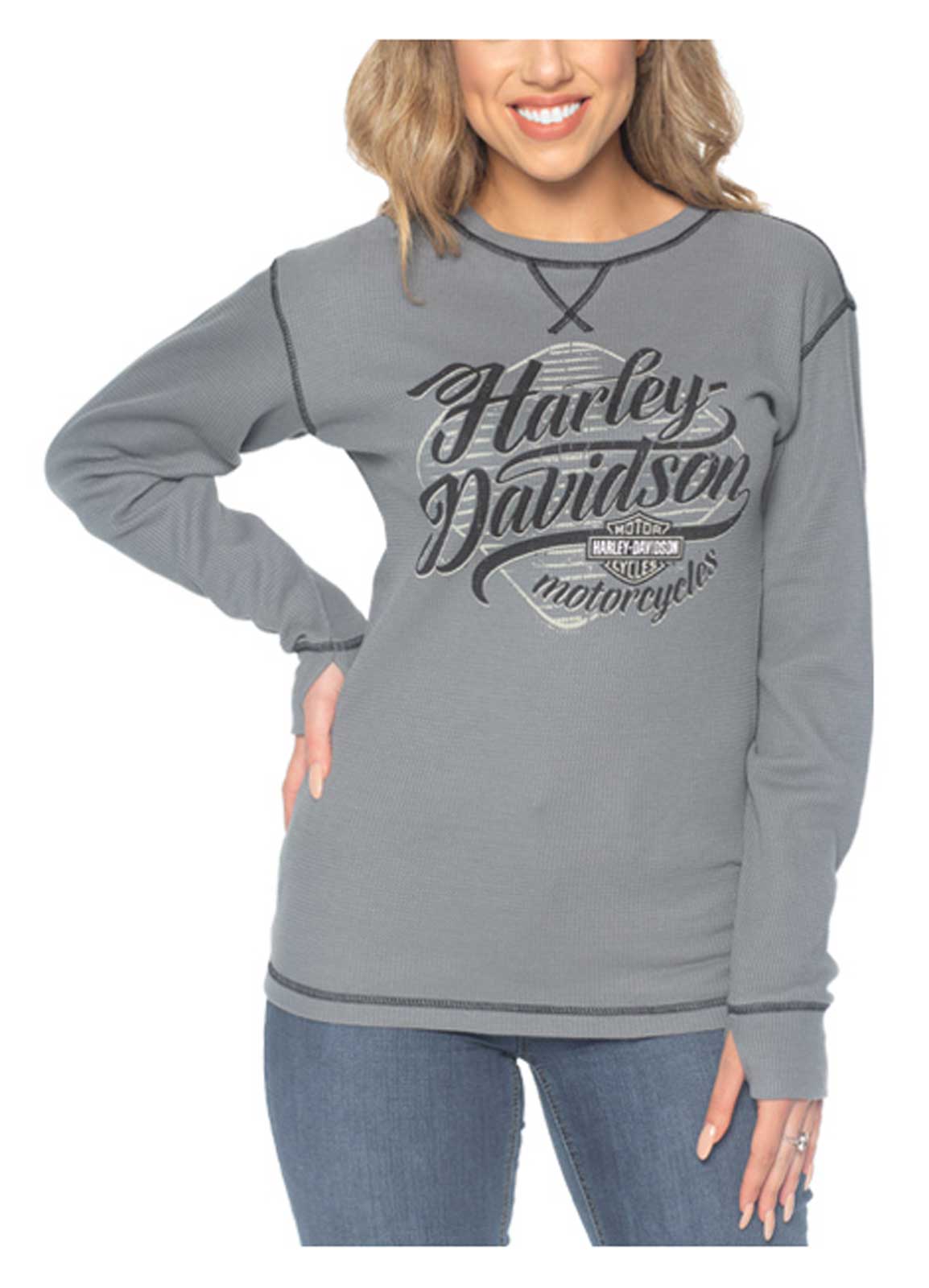 Harley-Davidson Women's Simple Script Long Sleeve Poly-Blend Thermal Shirt, Gray - Wisconsin Harley-Davidson