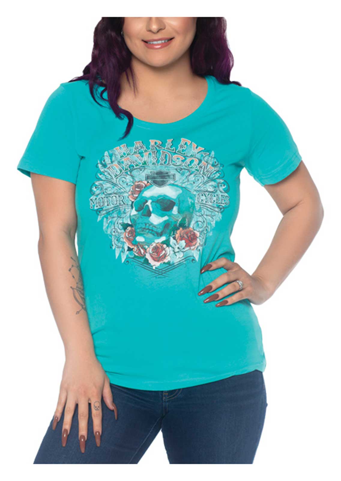 Harley-Davidson Women's Rhinestone Skull & Roses Short Sleeve Cotton Tee - Blue - Wisconsin Harley-Davidson