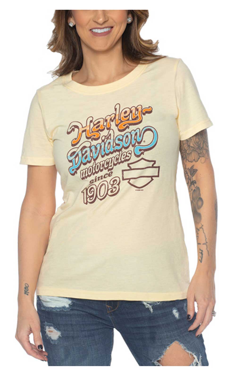 Harley-Davidson Women's Groovy Heaven Scoop Neck Short Sleeve Tee - Yellow - Wisconsin Harley-Davidson