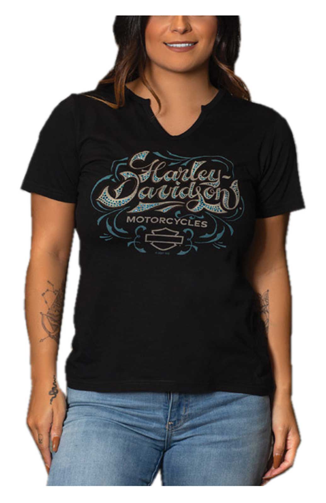 Harley-Davidson Women's Rhinestone Script Castle Short Sleeve Tee - Black - Wisconsin Harley-Davidson