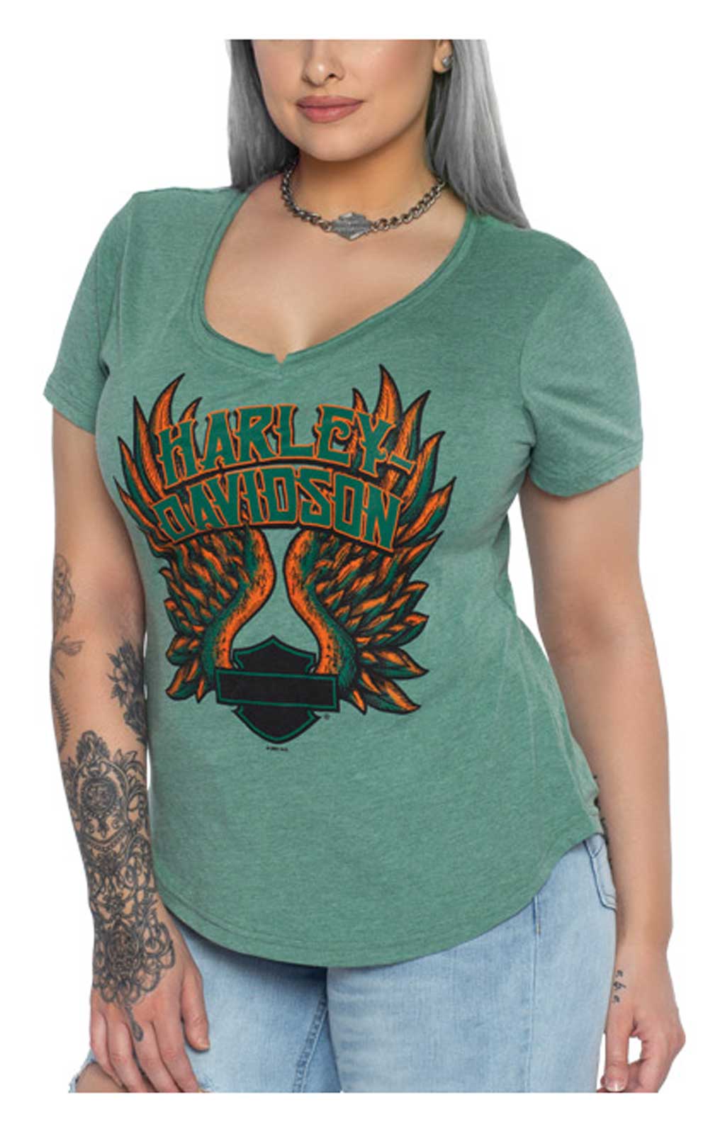 Harley-Davidson Women's Lost Wings Poly-Blend Short Sleeve V-Neck Tee - Green - Wisconsin Harley-Davidson
