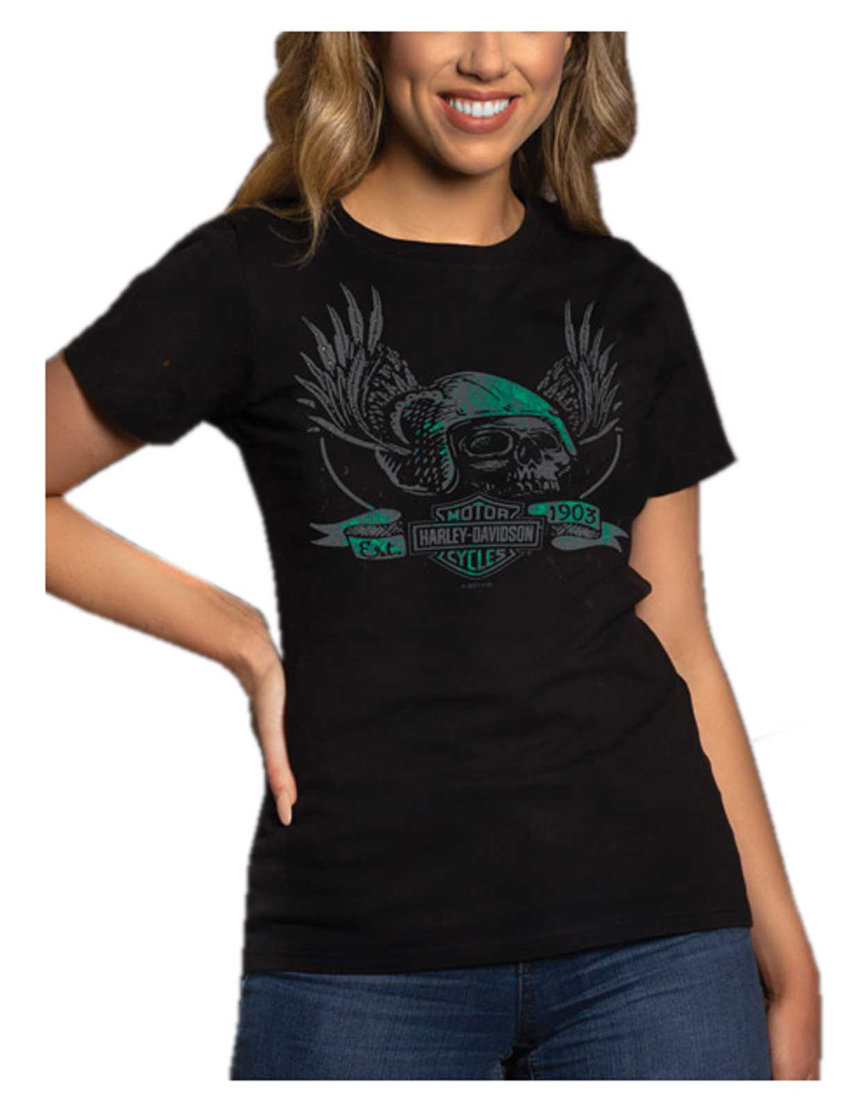 Harley-Davidson Women's Skull Medley Crew-Neck Short Sleeve Tee, Black Acid Wash - Wisconsin Harley-Davidson