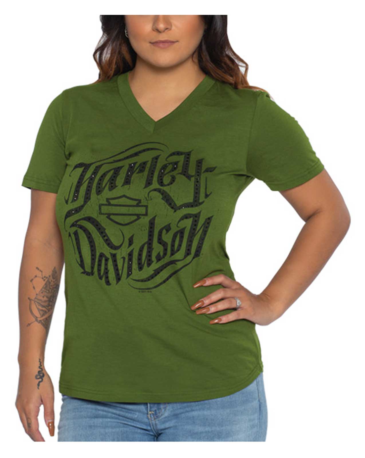 Harley Davidson® Womens Jagged Tri Blend Short Sleeve V Neck Tee Military Green Wisconsin 