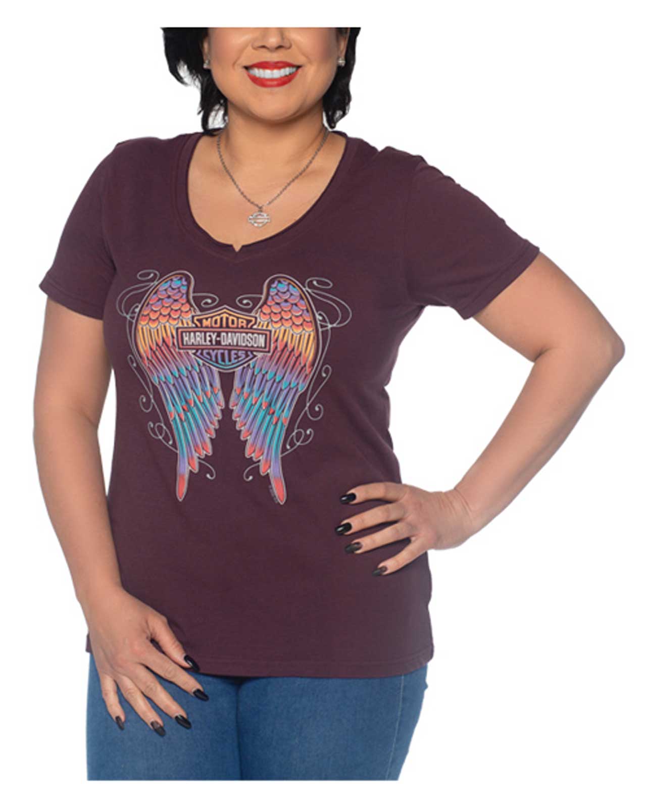 Harley-Davidson Women's Metallic Wings V-Neck Short Sleeve Poly-Blend Tee, Plum - Wisconsin Harley-Davidson