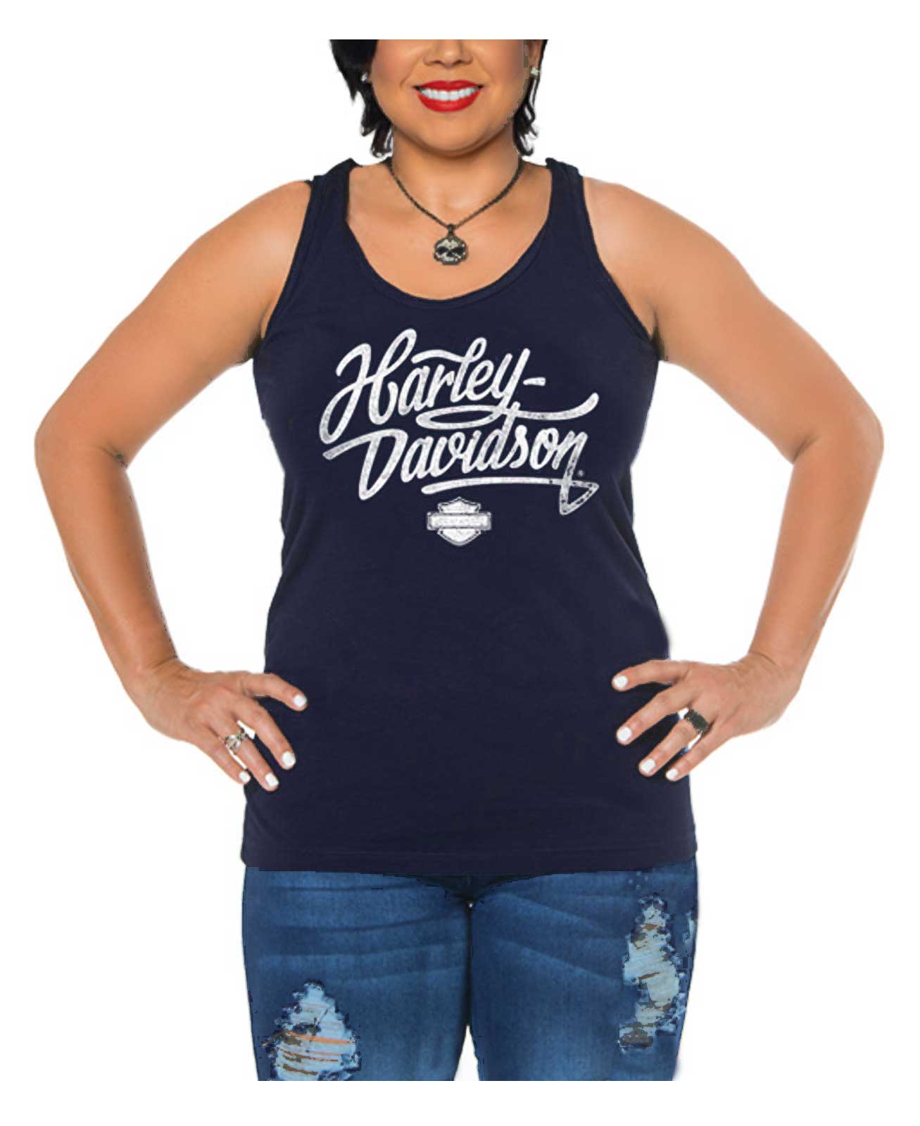 Harley-Davidson Women's Dirty Vintage Fullback Sleeveless Tank Top - Blue - Wisconsin Harley-Davidson