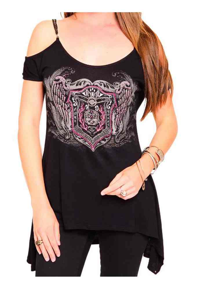 Harley-Davidson Women's Embellished Open Shoulder Short Sleeve Tee, Black - Wisconsin Harley-Davidson