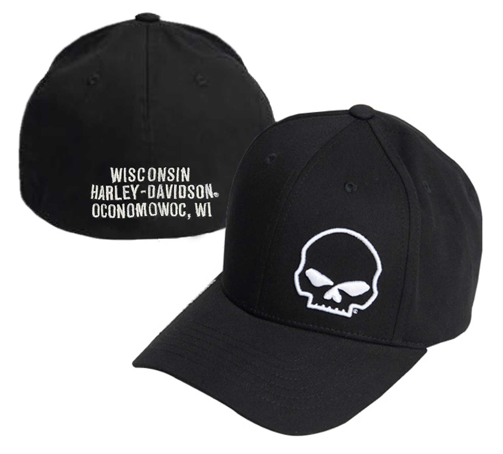 Harley-Davidson Men's Crooked Skull Curved Bill Stretch Fit Baseball Cap - Black - No Hassle Returns at Wisconsin Harley