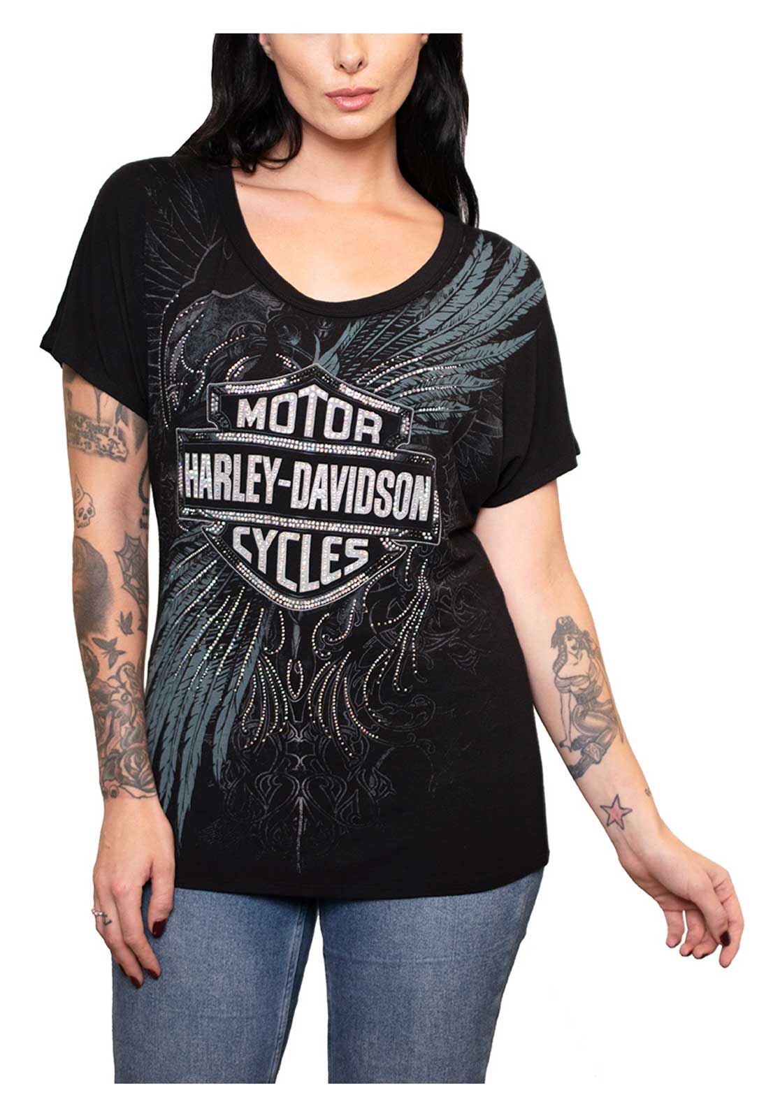 Harley-Davidson Women's Invert Embellished Short Sleeve Scoop Neck Tee - Black - Wisconsin Harley-Davidson
