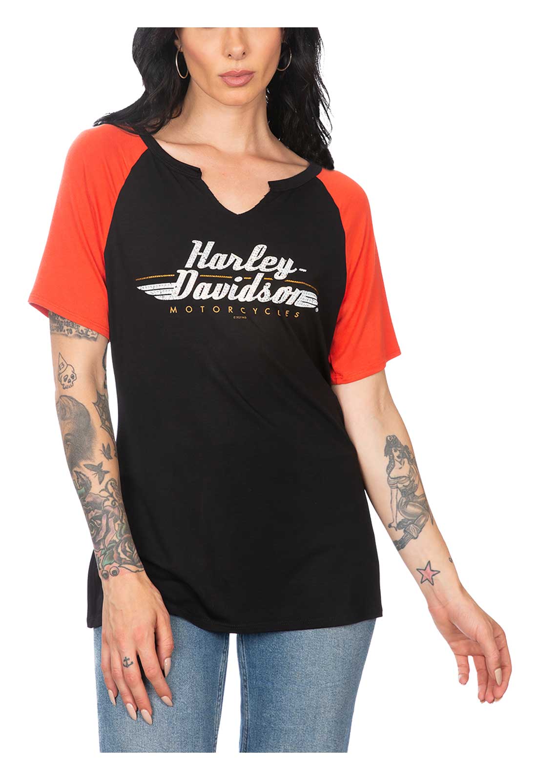 Harley-Davidson Women's Embellished H-D Raglan Short Sleeve Scoop Neck Top - Wisconsin Harley-Davidson
