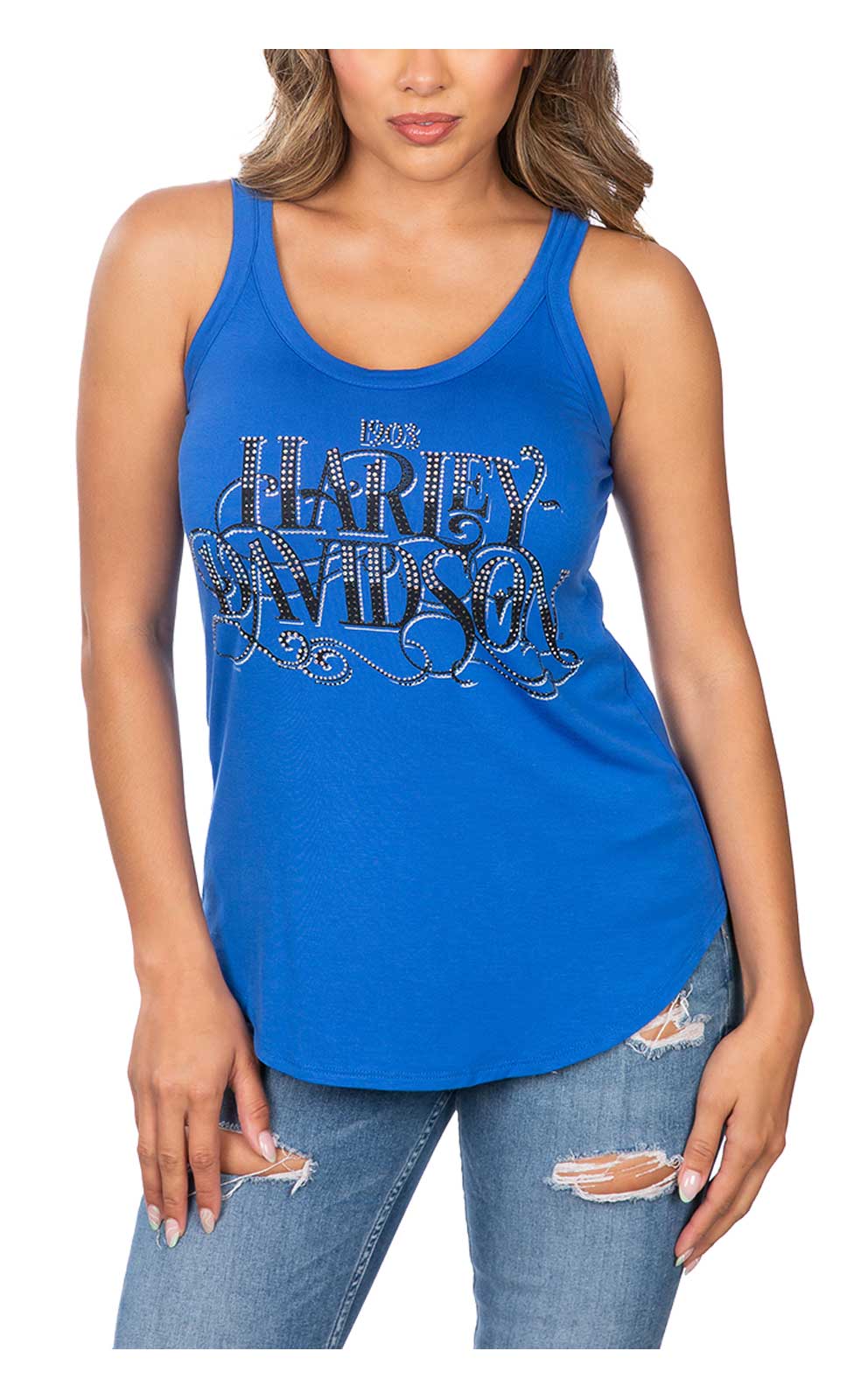 Harley-Davidson Women's Embellished Lavish Scoop Neck Sleeveless Tank Top - Blue - Wisconsin Harley-Davidson