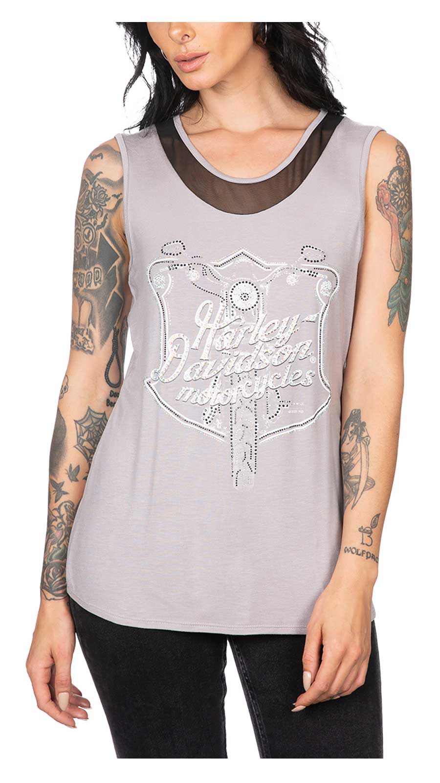 Harley-Davidson Women's Embellished Mesh Back Sleeveless Tank Top - Gray - Wisconsin Harley-Davidson